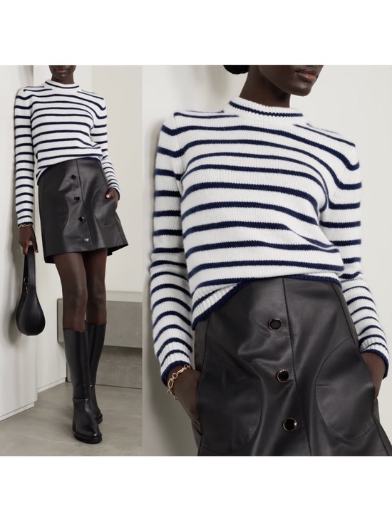 La Ligne Sweaters - La Ligne Hardy Striped 100% Cashmere Pullover Sweater Medium Blue Cream Knit